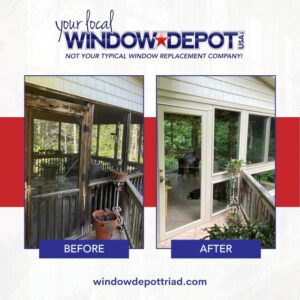 A bright, inviting porch is transformed as old wooden screens are replaced with sleek glass windows.